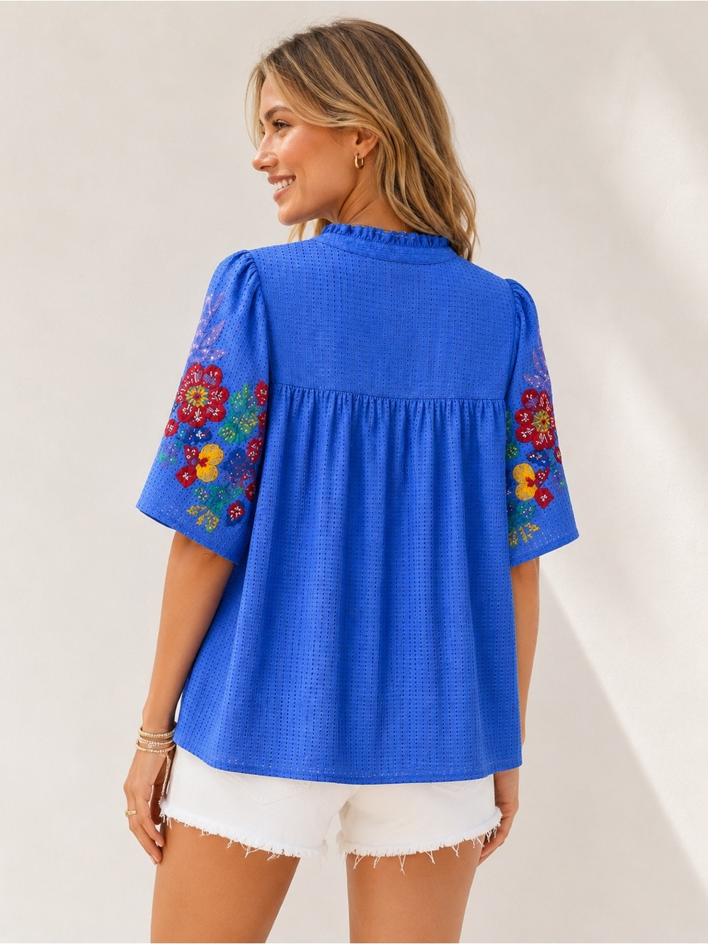 Umgee Periwinkle Floral Embroidered Boho Puff Sleeve V-Neck Flowy Peasant Top - Picture 2 of 7